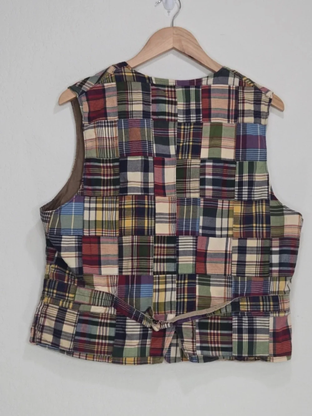 Polo Ralph Lauren India Madras Plaid Patchwork Vest Cinch Back Size L Mens - Picture 2 of 10